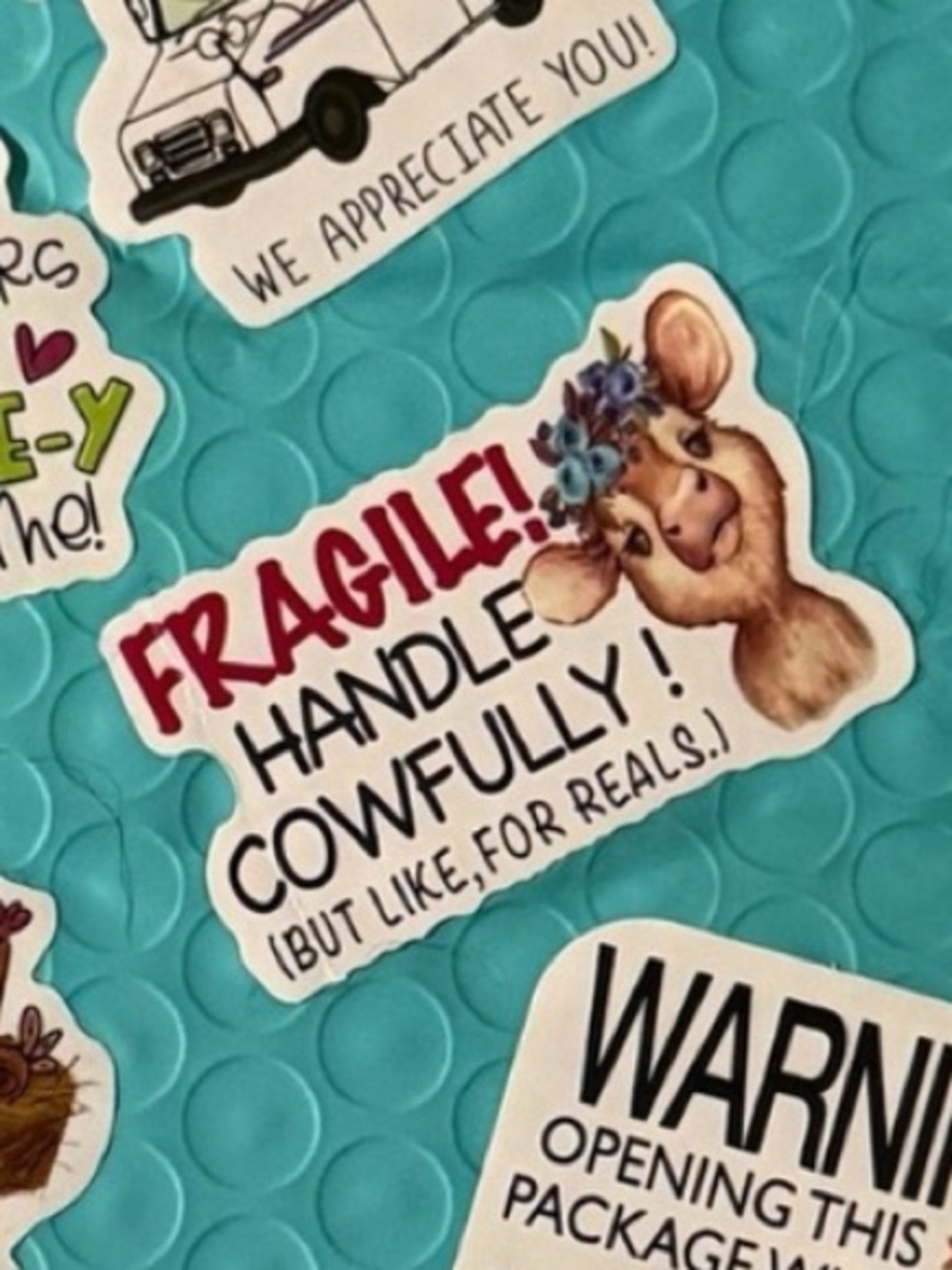 Fragile! Handle Cowfully Sticker – Cute Cow Illustration (White/Pink) Fragile St